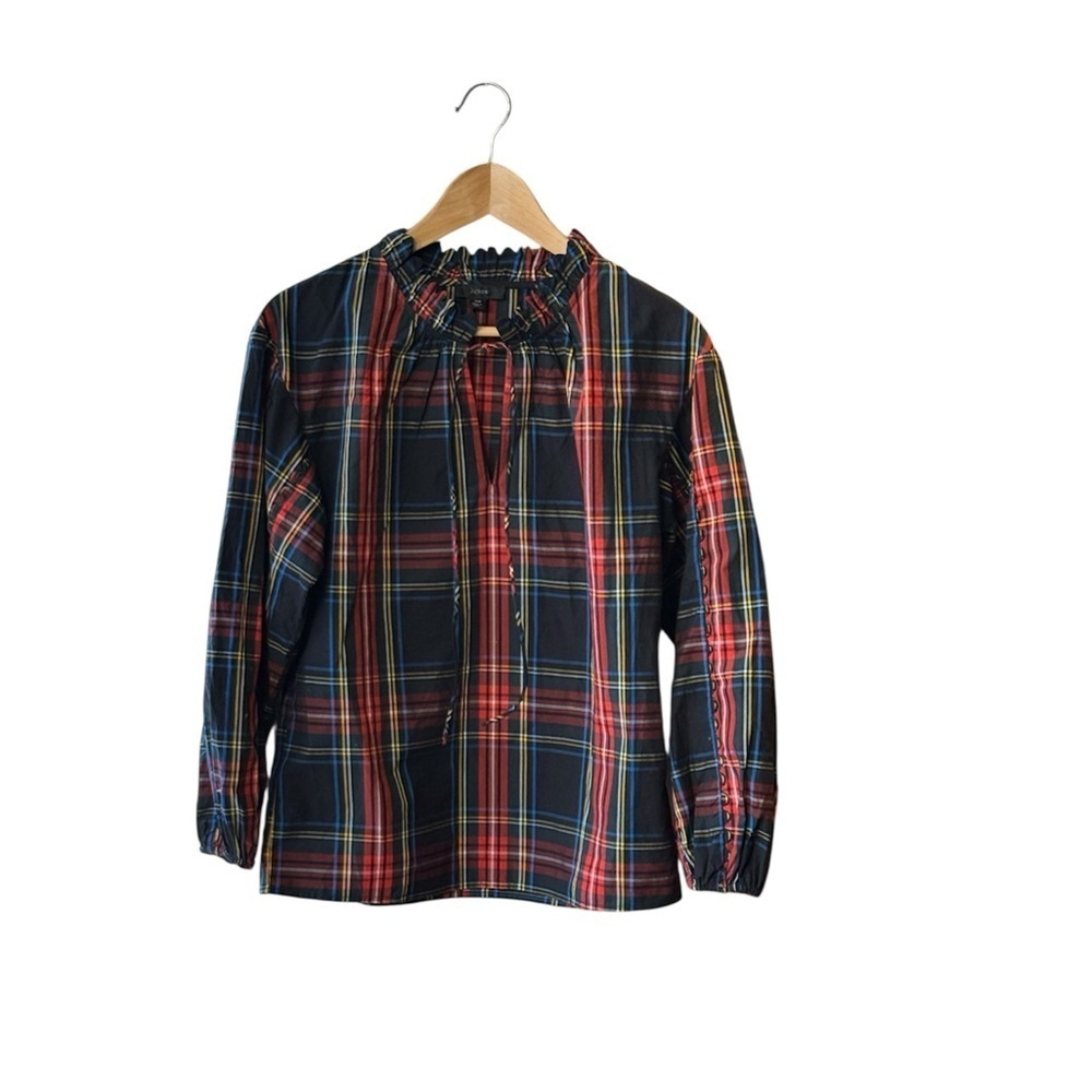 J.Crew Scalloped Tie-Neck Top in Stewart Tartan Holiday Plaid size XS Cotton